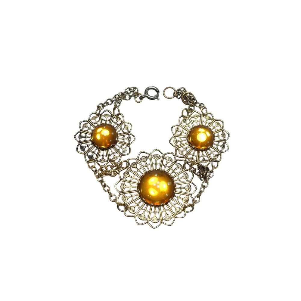Vintage Wide Stamped Brass Cuff Flower Bracelet With Amber Cabochons
